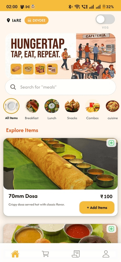 HungerTap student app home menu with food items